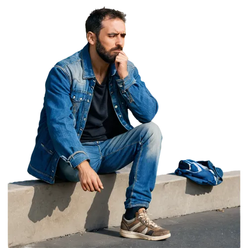 Homeless man, rugged beard, worn-out clothes, tattered jacket, dirty sneakers, sitting on street curb, looking down, despair expression, morning sunlight, soft shadows, 3/4 composition, shallow depth 