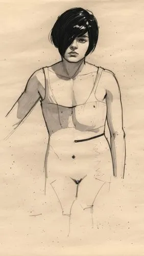 Rough hand-drawn sketch in black pen,rotoscoped,female body,rotoscope,rotoscoping,underdrawing,girl drawing,woman sitting,torso,overdrawing,underpainting,drawing mannequin,digitised,midsection,comic h