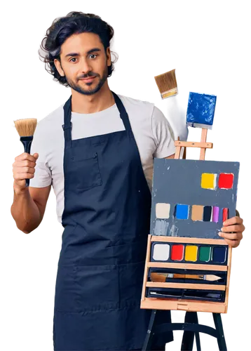 Male artist, creative pose, messy hair, paint-stained apron, holding palette, brush in hand, standing in front of easel, colorful painting background, dim studio lighting, shallow depth of field, warm