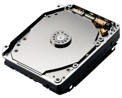 Hard disk, vintage computer parts, metallic silver body, circular shape, flat top, protruding buttons, USB port, SATA port, intricate circuit boards, shiny surface, studio lighting, 3/4 composition, s