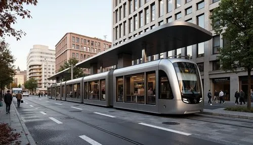 Streamlined tram station fa\u00e7ade, modernist architecture, curved lines, metallic materials, reflective glass surfaces, minimalist design, urban cityscape, busy streets, morning commuters, natural 