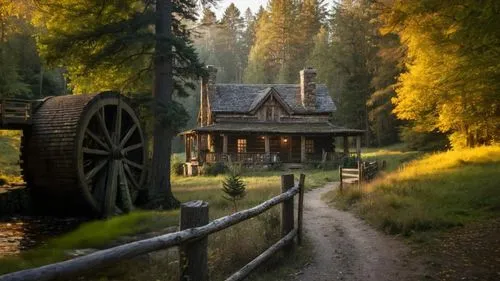 water mill,log cabin,old mill,country cottage,log home,dutch mill,summer cottage,house in the forest,wooden hut,old wagon train,the cabin in the mountains,farm hut,rural landscape,rustic,small cabin,rural,wooden house,farm house,little house,water wheel