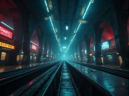 Gloomy metro station, futuristic architecture, Expressionist style, twisted metal columns, irregular shapes, distorted proportions, vibrant neon lights, eerie ambiance, dramatic shadows, intense color