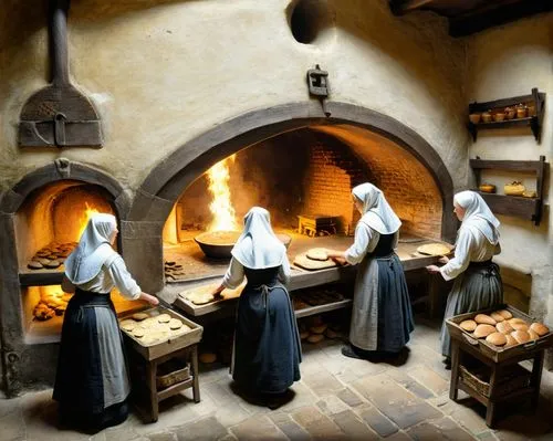 many figures of medieval people, a painting and layout style with the perspective of Pieter Bruegel, A captivating painting of medieval nuns diligently baking bread in the oven of a monastery bakery. 