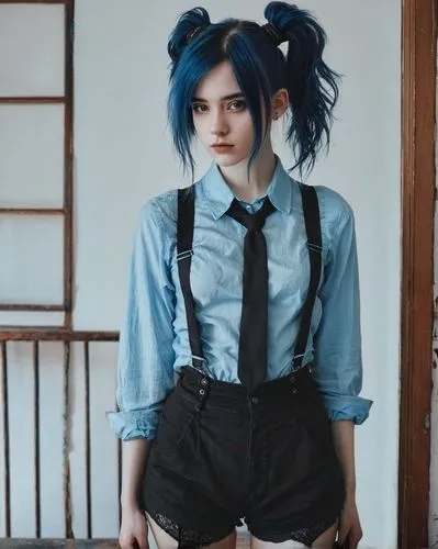 riska,blue hair,grimes,denim bow,girl in overalls,suspenders,Photography,Documentary Photography,Documentary Photography 08