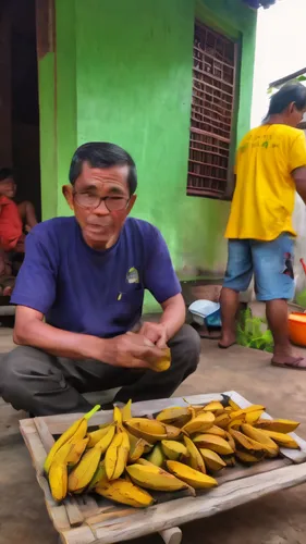 Seorang pria usia 40 tahun lagi ngopi di temani oleh secangkir kopi dan pisang goreng, background depan rumah persawahan pad menguning,saba banana,salak,dried bananas,pisang goreng,cooking plantain,ba