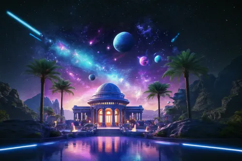 temples,fantasy world,planetarium,scene cosmic,atlantis,futuristic landscape,myst,diamond lagoon,alien world,3d fantasy,fantasy city,alien planet,starscape,tropical house,space port,dream world,delight island,lagoon,valerian,astral traveler