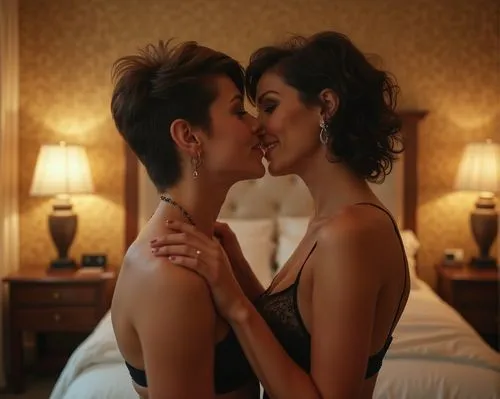 Lesbian erotica, two women of around 40 years old stand in an expensive hotel room, wearing only lingerie, lesbian attraction, gazing at each other,  leaning in for a kiss, smiles, happy, short hair, 