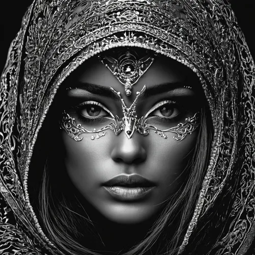 headdress,priestess,indian headdress,ancient egyptian girl,venetian mask,warrior woman,indian woman,sorceress,shamanic,indian bride,arabian,the enchantress,regard,masquerade,mystical portrait of a girl,miss circassian,filigree,masque,veil,orientalism,Illustration,Black and White,Black and White 06