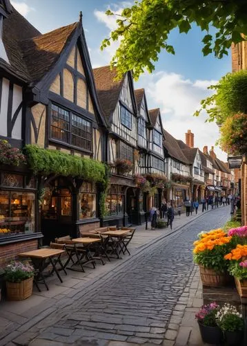 Historic town center, Aylesbury, medieval architecture, half-timbered Tudor style buildings, steeply pitched roofs, ornate wooden facades, flower-filled window boxes, bustling high street, people walk