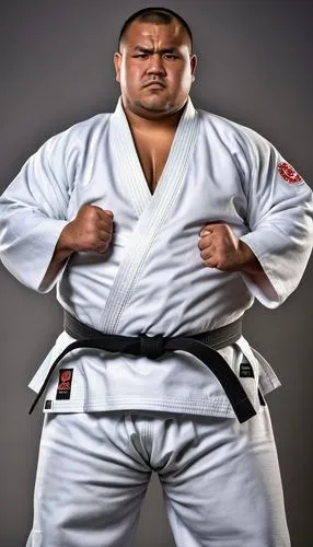 raw photo, burly chubby guy, Tongan, 38 years old, round face, fat, wet skin, serious face, black skin,  Judo athlete, wearing Judo gi, full body shot, hands on waist, body hair on chest,a man wearing