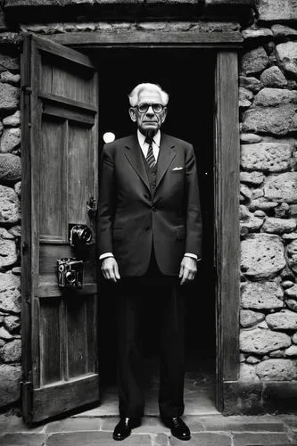 Alfred Koestler, intellectual, bespectacled, white hair, suit, tie, holding a vintage camera, standing in front of a massive wooden door, old-fashioned keys hanging from the wall, dimly lit corridor, 