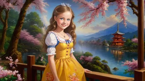 Romantic masterpiece oil painting, cute girl portrait, nostalgic 1950's style kitsch, beautiful exotic oriental kingdom landscape, cherry blossom scenery, Shinto Japanese sakura, by Thomas Kinkade, by