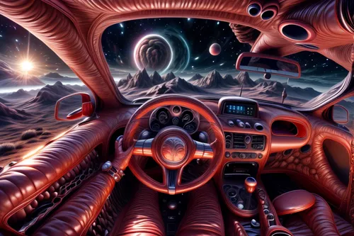 ufo interior,alien planet,wormhole,alien world,sci fiction illustration,extraterrestrial life,psychedelic art,red planet,trip computer,surrealistic,drive,3d car wallpaper,cyberspace,navigate,space voyage,futuristic landscape,fire planet,science fiction,vortex,surrealism