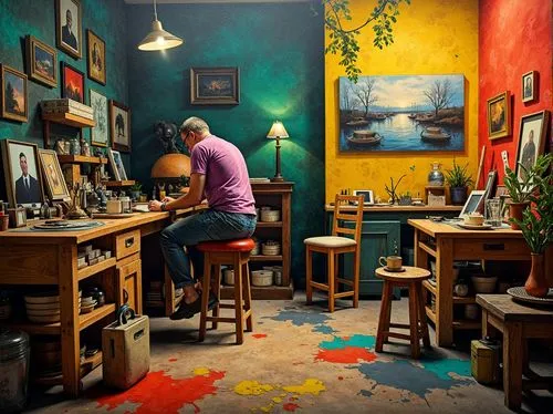 watercolor shops,meticulous painting,painter,pintor,watercolorist,watercolor cafe,colorists,italian painter,watercolourist,photorealist,workbench,mexican painter,watercolor tea shop,watchmaker,workroom,the coffee shop,painting technique,photo painting,atelier,art painting