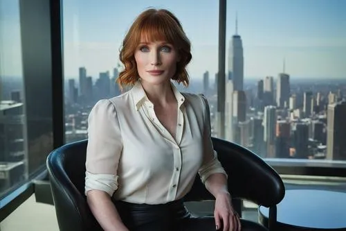 Bryce Dallas Howard, mature lady, solo, (40yo), elegant detailed eyes, subtle smile, wavy blonde hair, natural makeup, white blouse, black high-waisted pants, stilettos, Architectural Digest magazine,