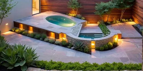 an outdoor pool and spa is illuminated by candles,landscape design sydney,garden design sydney,landscape designers sydney,landscaped,pool house,roof top pool,Photography,General,Natural