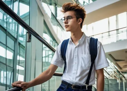 Senior high school, architectural design, male student, 18yo, fashionable hairstyle, black glasses, casual wear, white shirt, dark blue jeans, sneakers, backpack, standing, leaning on railing, modern 