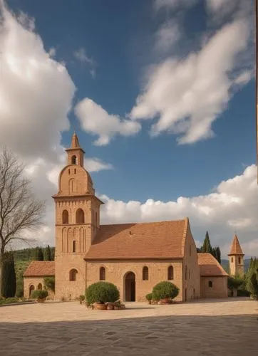 a church is located in a large square with a clock tower,schoenstatt,fortified church,gandzasar,maulbronn monastery,abbazia,monastery church,monastery,monasterium,archabbey,romanesque,the church of th