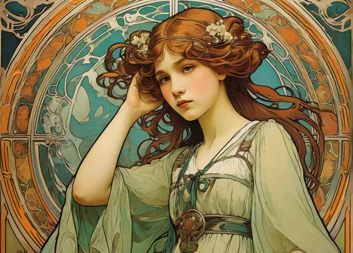 mucha,art nouveau,art nouveau design,art nouveau frame,art nouveau frames,alfons mucha,art deco woman,girl in a wreath,rusalka,art deco frame,artemisia,laurel wreath,flora,art deco,portrait of a girl,golden wreath,art deco wreaths,athena,artemis,accolade,Illustration,Retro,Retro 03