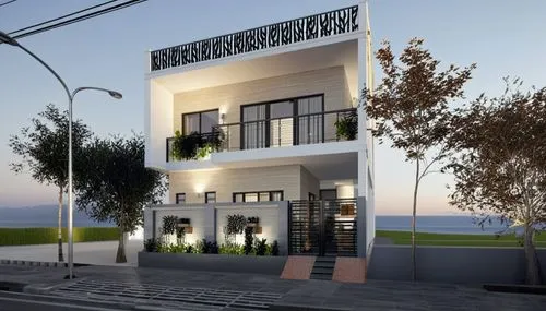 elevation with grill in front, road lights people, nautral colour combination,3d rendering,modern house,modern building,residence,render,residential house,commercial building,prefabricated buildings,a