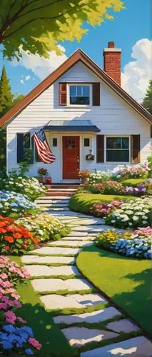 home landscape,bungalow,house painting,summer cottage,landscaper,cottage,suburban,suburbia,springtime background,country cottage,beautiful home,clover meadow,farmhouse,little house,farm house,landscaped,landscaping,daisies,dreamhouse,spring garden,Conceptual Art,Oil color,Oil Color 07