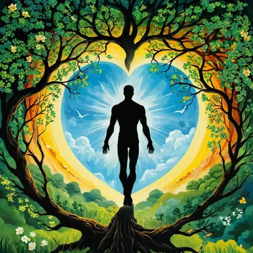 tree of life,nature and man,earth chakra,silhouette of man,qabalah,mother earth,solar plexus chakra,the branches of the tree,garden of eden,treepeople,flourishing tree,tree heart,mediumship,man silhouette,magic tree,psychosynthesis,forest man,the luv path,heart chakra,upanishad,Illustration,American Style,American Style 08