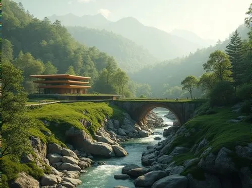 japan landscape,world digital painting,river landscape,alpine landscape,house in mountains,house in the mountains,wudang,wooden bridge,landscape background,golden pavilion,fantasy landscape,japanese alps,nature landscape,scenic bridge,beautiful landscape,mountain landscape,green landscape,beautiful japan,the golden pavilion,asian architecture,Photography,General,Realistic