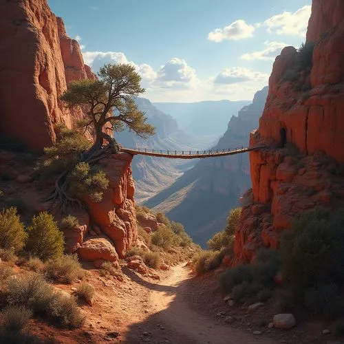 Canyon landscape, majestic grandeur, rust-colored rocky cliffs, vast open spaces, blue sky with few white clouds, warm sunlight casting long shadows, scattered desert plants, a winding dirt path leadi