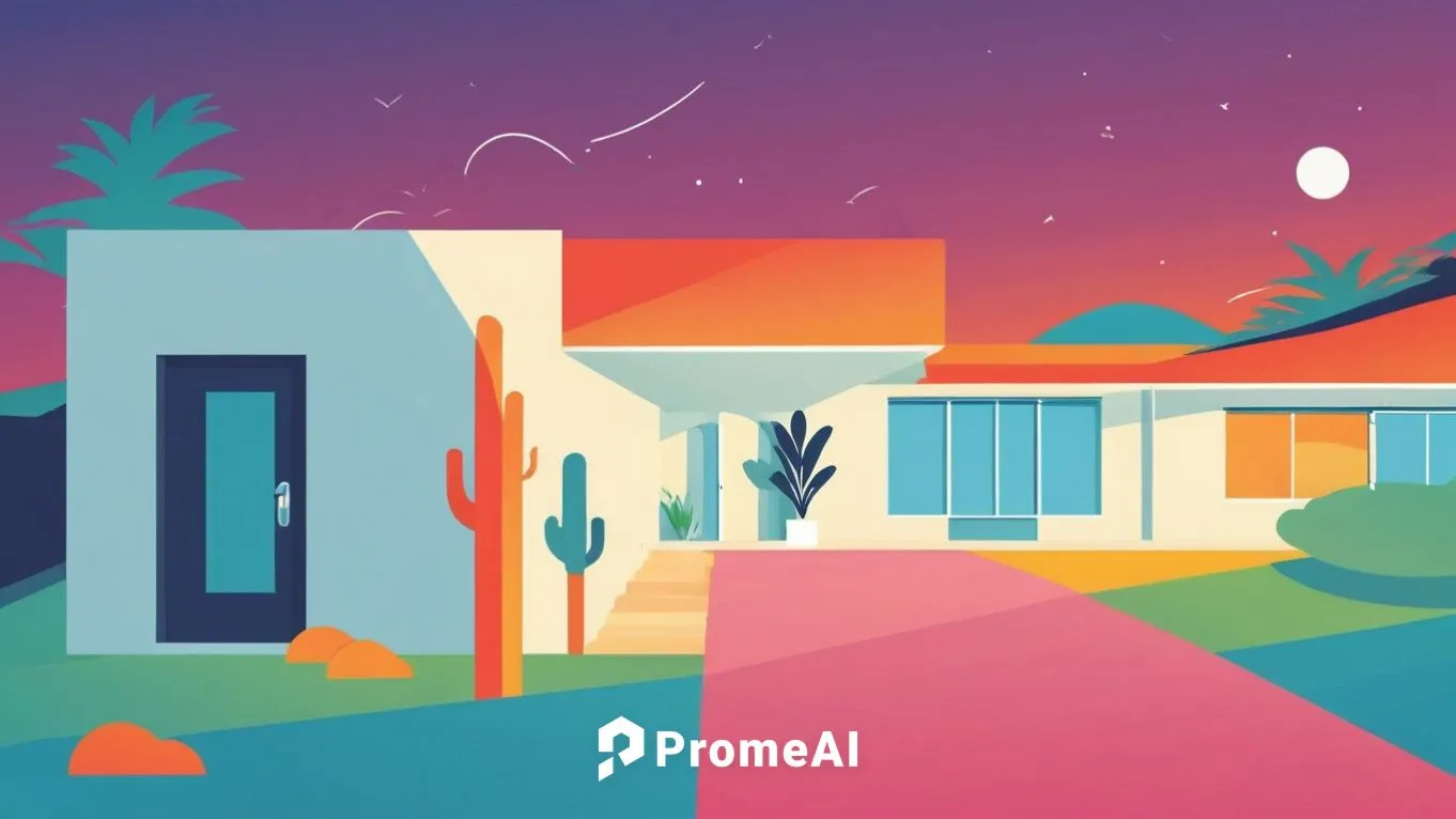 an abstract painting of a house and cacti,arcosanti,mid century house,houses clipart,mid century modern,dreamhouse,holiday motel,Illustration,Vector,Vector 01