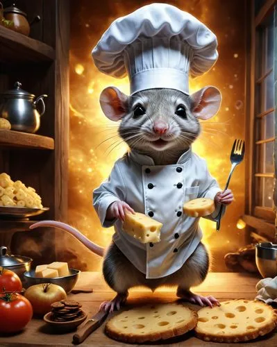 a painting of a anthropomorphic rat wearing a chef's hat making
cookies in a kitchen, a storybook illustration by Pamela Ascherson,
shutterstock contest winner, fantasy art, made of cheese,
storybook 