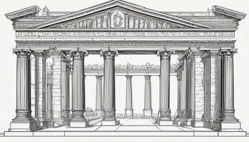 palladian,doric columns,entablature,colonnaded,greek temple,palladio,columns,pediment,corinthian order,roman temple,pillar capitals,pediments,roman columns,capitolium,columned,pillars,peristyle,colonnades,erechtheus,temple of diana,Illustration,Black and White,Black and White 04