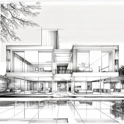 Architectural sketches drawn with ink pen, please express them in detail.,house drawing,modern house,archidaily,modern architecture,arq,architect plan,glass facade,kirrarchitecture,residential house,c