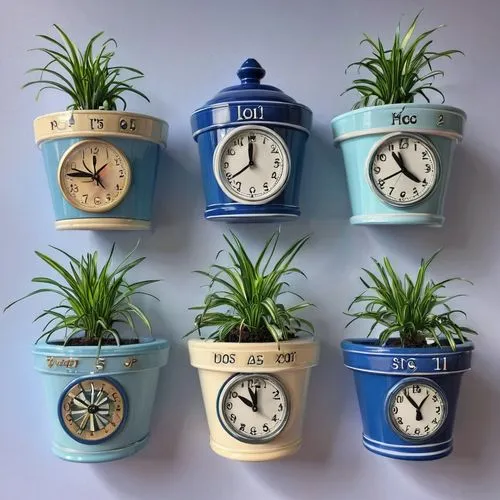 wall clock,planters,clocks,reloj,potted flowers,jam jars,plant pots,potted,plants in pots,homeware,garden decor,potted palm,homewares,flower pots,nursery decoration,delftware,clockings,potted plants,timepieces,pocket watches,Illustration,Realistic Fantasy,Realistic Fantasy 19