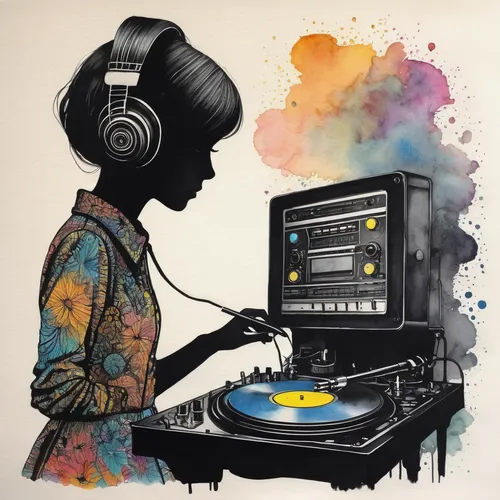 draw a ladty dj in silhouettte in pencil watercolour detailed, young, pretty, in 1960s clothing, twiggy, mary quant, ,disk jockey,disc jockey,vinyl player,hip hop music,music,audiophile,vinyl records,