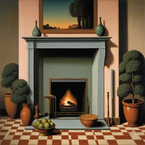 grant wood,fireplace,fireplaces,still life of spring,home landscape,wood-burning stove,stove,wood stove,hearth,still-life,fire place,gas stove,sitting room,mantel,cloves schwindl inge,domestic heating,summer still-life,mantle,still life,log fire,Art,Artistic Painting,Artistic Painting 06