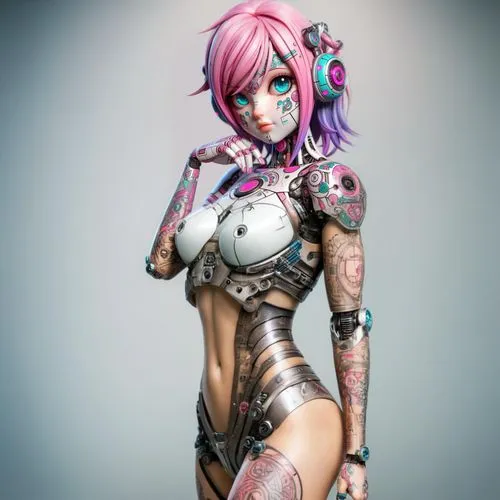 realistic cyborg 3d plastic female-looking droid, dash-pattern tattoos, tattooed robot with plastic skin, naturalistic uncovered female mechanic parts, mechanic body from metal and plastic, complex me