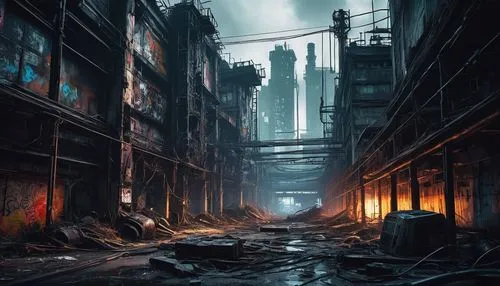 destroyed city,post-apocalyptic landscape,alleyway,industrial ruin,post apocalyptic,industrial landscape,kowloon city,cyberpunk,dystopian,lost place,alley,black city,post-apocalypse,dystopia,lostplace,blind alley,abandoned factory,industrial,apocalyptic,rescue alley,Illustration,Japanese style,Japanese Style 08