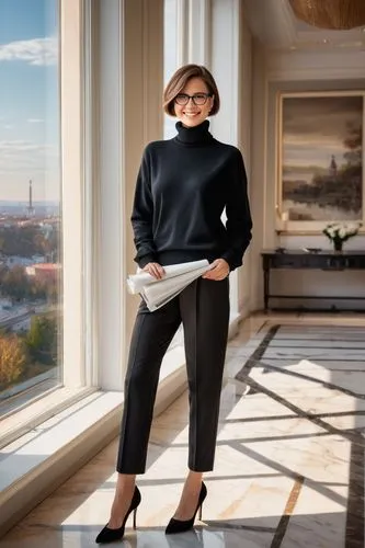 Modern minimalist architect, female, 30s, short hair, glasses, elegant smile, black turtleneck sweater, white pants, high heels, holding blueprints, standing in a luxurious villa, spacious living room