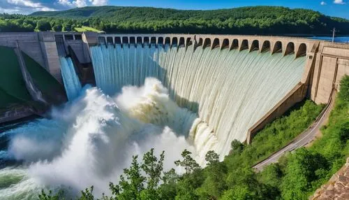 "A dam on the verge of breaking, with surging waters behind it, representing God's wrath about to overflow.",hydroelectricity,hydropower,hydroelectric,hydropower plant,waterpower,dams,montmorency,oker