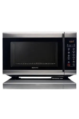 Microwave oven, metallic body, rounded shape, digital display, buttons and knobs, spinning glass plate, steam rising, warm lighting, shallow depth of field, 3/4 composition, soft focus on background, 