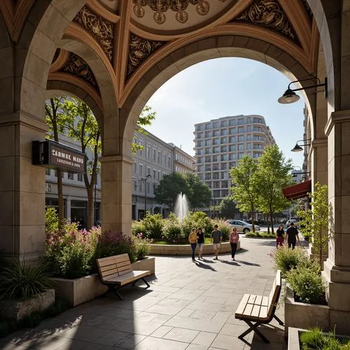 Grand metro station, Romanesque arches, ornate stone carvings, intricate mosaics, lush greenery, vibrant flowers, modern urban landscape, bustling city atmosphere, natural stone flooring, elegant lamp