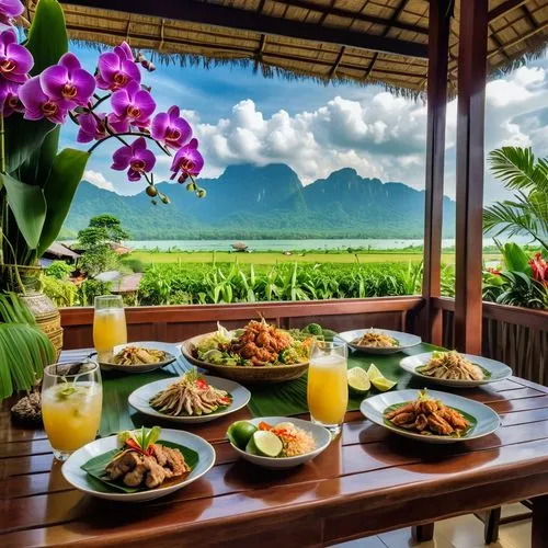 a fine thai restaurant with the table layed out traditionally, various authentic Thai dishes arranged on table, thai lemonade in glasses, orchids in a vase as decoration,laotian cuisine,thai cuisine,t