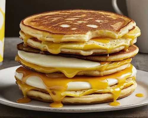 A McGriddles for happy birthday ,a plate with two pancakes on it and syrup dripping down the side,hotcakes,juicy pancakes,egg pancake,american pancakes,pancakes,stack of cheeses,Photography,Documentar