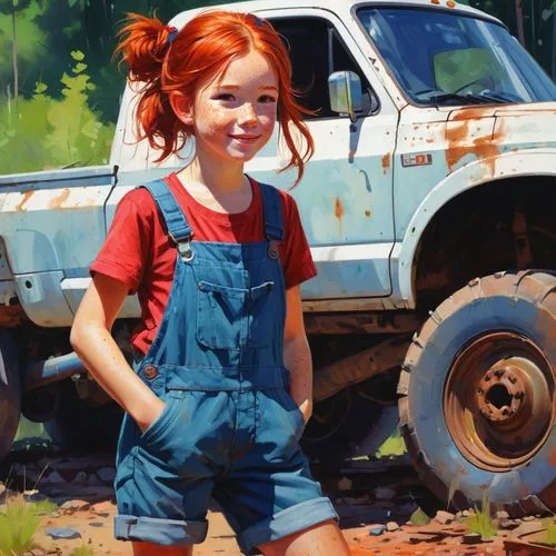 girl in overalls,girl and car,overalls,countrygirl,pippi longstocking,girl with a wheel,farm girl,girl washes the car,clementine,oil painting,child portrait,girl with bread-and-butter,girl portrait,overall,rust truck,girl picking flowers,hushpuppy,the little girl,oil painting on canvas,redhead doll,Conceptual Art,Fantasy,Fantasy 19