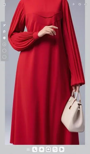 3d fashion drawing of women red  long maxi red  loose abaya fashion Muslim hijab with the pelisee and a lot of pleats on   sleeves pleated sleeves and elastic on the hand of the sleeves  loose abaya w