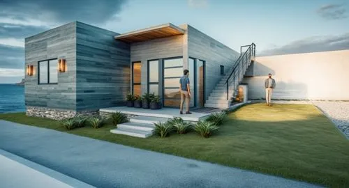 QUE SEA IGUAL QUE LA REFERENCIA SOLO AGREGAR LOS ELEMENTOS DEL MODELO mantener el area verde,a couple standing outside of a modern home near the ocean,dunes house,3d rendering,cubic house,modern house