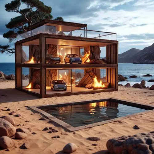 Put the image in a glass container full of water,a home made with cars is lit up at night,wooden sauna,beach house,cube stilt houses,summer house,floating huts,beachhouse