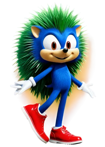 Blue anthropomorphic hedgehog, Sonic, solo, dynamic pose, white gloves, red shoes, blue spikes, green eyes, smiling face, youthful energetic expression, metallic sheen, shiny fur, dramatic lighting, h