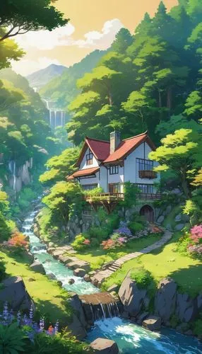 teahouse,japan landscape,landscape background,idyllic,ghibli,home landscape,house in mountains,studio ghibli,sakura background,onsen,japanese sakura background,house in the mountains,scenery,butka,summer cottage,house in the forest,forest house,hotsprings,japanese background,springtime background,Illustration,Japanese style,Japanese Style 03